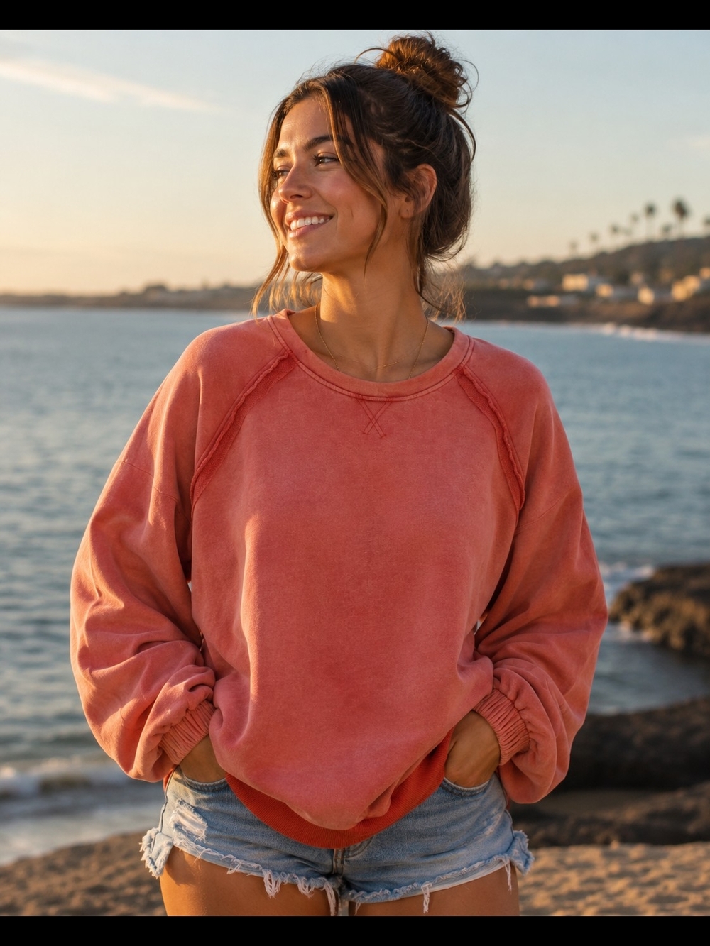 POL Mineral Wash Coral Sweatshirt | Raw Seam Pullover | Boho Lounge Top | Size